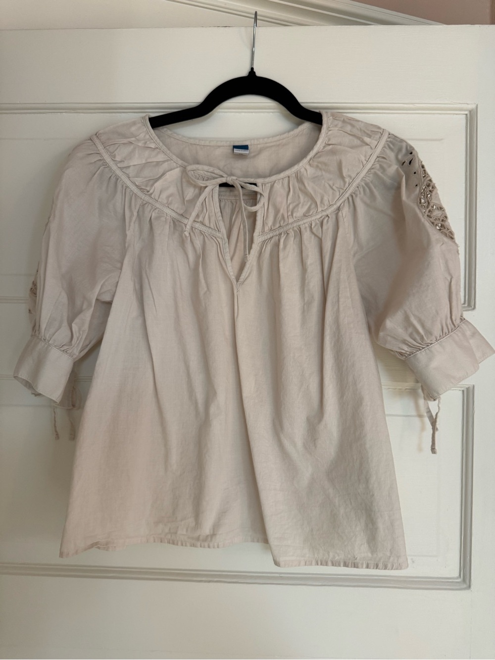 Old Navy Light Cream Peasant Blouse with Tie Neck